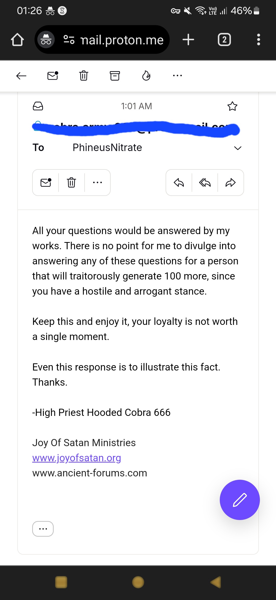 Cobra's answer. I am a traitor for not listening to his crybaby cult booohooo